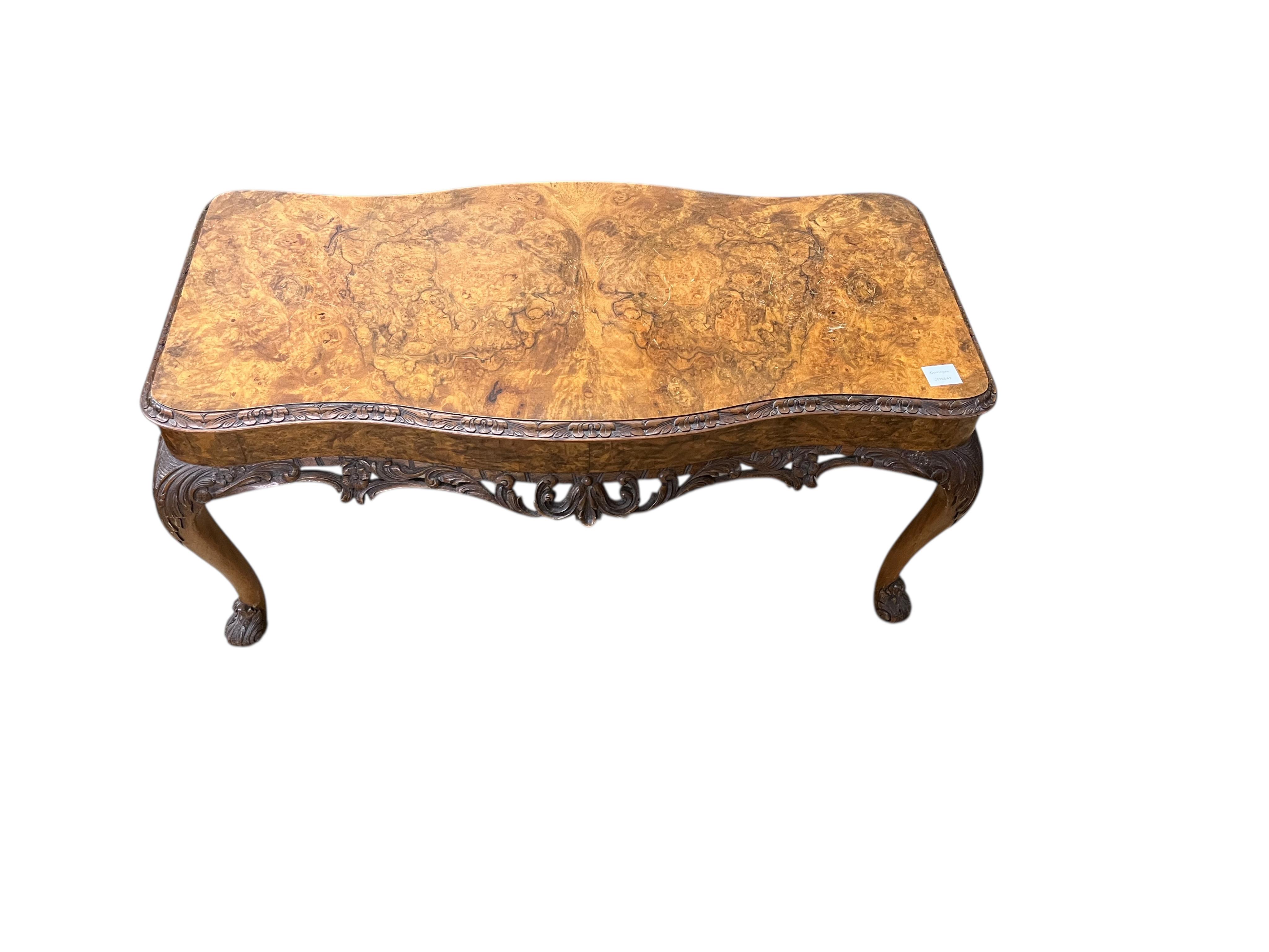 A Queen Anne Revival rectangular walnut coffee table, width 104cm, depth 48cm, height 48cm